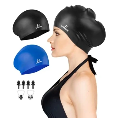 Abbildung von Lasmare Langes Haar Badekappe Damen 2 Pack, Silikon Bademütze für Unisex, Erwachsene, und Herren mit Ohrstöpseln Nasenklammer Set, wasserdichte Erwachsene (Schwarz + Blau)