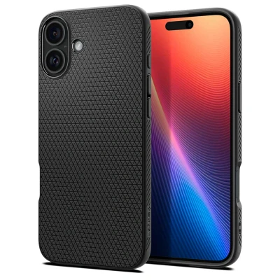 Abbildung von Apple iPhone 16 Hülle Silikon Spigen Soft Case/Backcover Handyhülle Schwarz Shockproof/Stoßfest