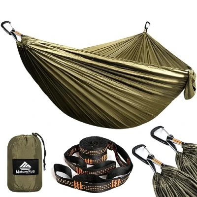 Abbildung von NATUREFUN Ultraleichte Reise Camping Hängematte 300kg Tragkraft (300 x 200 cm) Atmungsaktiv, Schnelltrocknendes Fallschirm Nylon 2 Premium Karabiner, Schlingen Inbegriffen Draußen