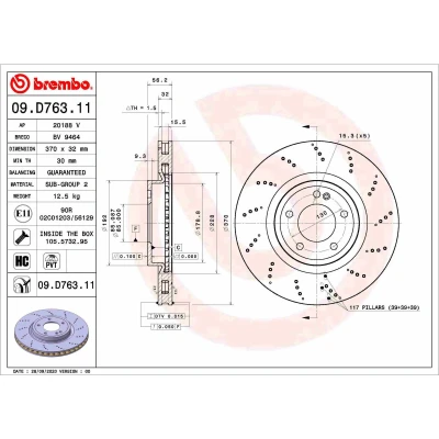 Abbildung von BREMBO 09.D763.11 Bremsscheibe 370 32 5 innenbelüftet beschichtet hochgekohlt mit Schrauben