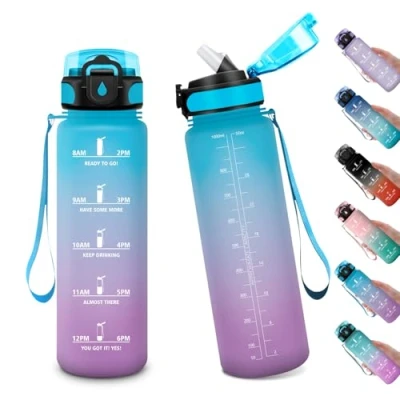 Abbildung von Wasserflasche Sport 1L, Motivierende Trinkflasche mit Zeitmarkierung, Auslaufsicher Strohhalm, Kohlensäure Geeignet, Sportflasche für Gym, Fitness, Büro, Schule, Yoga, Outdoor