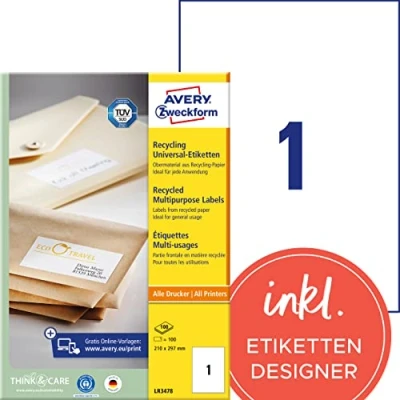 Abbildung von AVERY Zweckform LR3478 Recycling Etiketten (100 Klebeetiketten, 210x297mm auf A4, 100% recyceltes Altpapier, bedruckbare Versandetiketten, selbstklebende Versandaufkleber) 100 Blatt, naturweiß