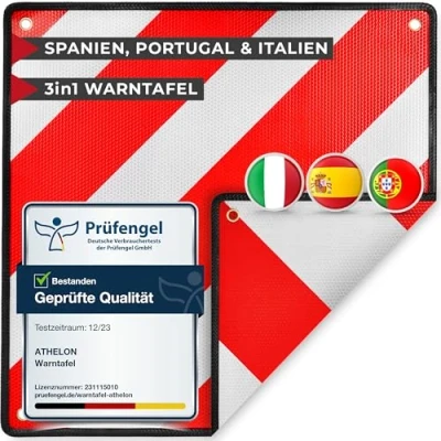 Abbildung von ATHELON® 3in1 Warntafel für Italien, Spanien &amp; Portugal Hochwertige Italien Fahrradträger Wohnmobil Reflektierendes Warnschild (Nur Warntafel)
