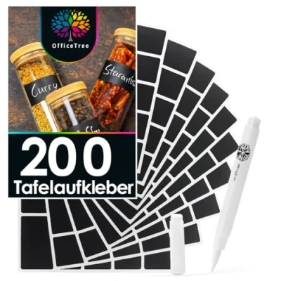 Abbildung von OfficeTree 200 x Tafelaufkleber zum Beschriften inklusive Kreidestift 6 3 cm Tafel Aufkleber Schwarze Etiketten Selbstklebend für Küche Gläser Flaschen