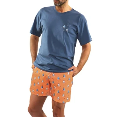 Abbildung von sesto senso Sommerpyjamas Herren Kurz Schlafanzug Baumwolle Pyjama Kurzarm Kurze Hose Zweiteilig Set Segelboot Orange Denim 4XL 2556/08 DRUK