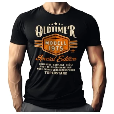 Abbildung von Herren T Shirt als Geschenk für Männer zum 50. Geburtstag: Oldtimer Modell Jahrgang 1975 in Topzustand