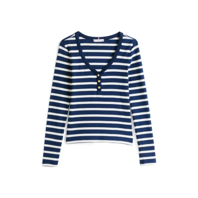 Abbildung von Tommy Hilfiger SLIM Henley Scoop Langarmshirt, Damen, Größe: XL, Dark night navy/calico