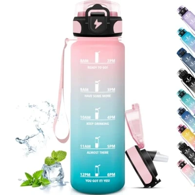 Abbildung von Grsta Trinkflasche 1L, Sport, Auslaufsicher, mit Strohhalm, Kann Dir Tragen, Uhrzeit, Wasserflasche für Fitness, Wandern, Camping, Outdoor, Pink Cyan