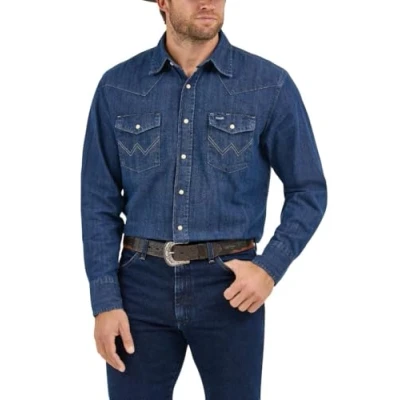 Abbildung von Wrangler Herren Westernhemd mit Cowboy Schnitt, langärmelig, Druckknöpfen, verwaschenes Finish Hemd, Dunkles Denim, Mittel