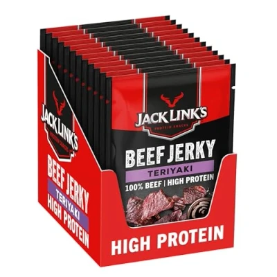 Abbildung von Jack Links Beef Jerky Teriyaki 12er Pack (12 x 25g) Trockenfleisch Eiweiß Snacks High Protein Snack für Gym, Fitness, Outdoor American Food Menschen Dörrfleisch Chips aus Rind Fleisch