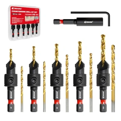 Abbildung von EZARC Senkbohrer Holz, 12 tlg Senker Bohrer Set für Holzbearbeitung, #4, #6, #8, #10, #12, Magnetischer Verlängerter Bithalter mit Aufbewahrungsbox