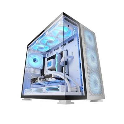 Abbildung von MARSGAMING MC NOVA2, Gaming Gehäuse Custom XXL E ATX, Durchgehendes Doppelt Getempertes Glas Ohne Rahmen, Volle Unterstützung Flüssigkeitskühlung, Luftfahrt Aluminium 2mm, Doppelkammer, USB C, Weiß