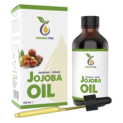 Abbildung von Natura Pur Jojobaöl BIO 120ml in Glasflasche 100% rein und kaltgepresst Jojoba Öl Gold für Kosmetik, Gesicht, Haare, Haut, Nägel Organic Oil for Hair