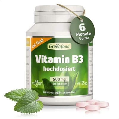 Abbildung von Greenfood Vitamin B3 (Niacin), 500 mg, hochdosiert, 180 Tabletten, vegan Ohne künstliche Zusätze. Gentechnik. ACHTUNG: Flush Effekt
