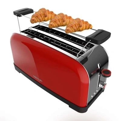 Abbildung von Cecotec Vertikaler Toaster mit 2 langen Schlitzen Toastin&#039; Time 1500 Rot. W, 4 Brotscheiben, 3,8 cm breiter Schlitz, Brötchenaufsatz und Krümelschublade, Edelstahl Rot