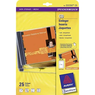 Abbildung von AVERY Zweckform C32250 25 CD Einleger (25 Cover, 151x118mm auf A4, Vorder und Rückseite für Standard Cases, hochwertiges Kartenmaterial, mikroperforiert, Inlays zum Bedrucken) Blatt, weiß
