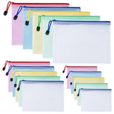 Abbildung von Carehabi bunte Dokumententasche A3+A4+A5, 15Pcs Wasserdichte Document Case, Mesh Beutel mit Reißverschluss, Datei Zipper Tasche Kunststoff Reißverschlusstasche für Dokumente, Kosmetika(3 Größen)