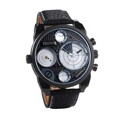 Abbildung von JewelryWe Herren Uhren Quarz Analog Zwei Zeitzone Armbanduhr Männer Leder Band Sportuhr Uhr mit großem Radarartigen Zifferblatt
