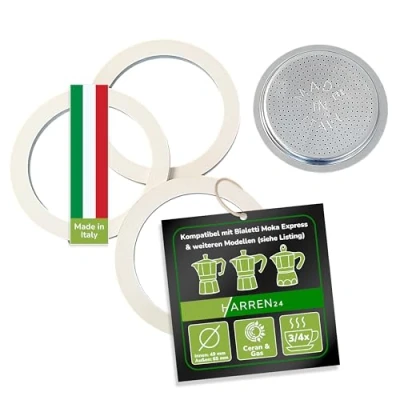 Abbildung von Harren24 Filter und 3x Dichtung für Espressokocher, kompatibel mit Bialetti Espressokanne 3 oder 4 Tassen, Ø außen 65 mm, 6,5 cm, innen 54 5,4 Ersatzdichtung, Dichtungsring