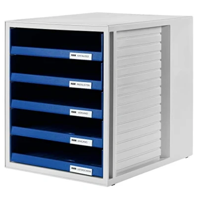 Abbildung von HAN Schubladenbox SCHRANK SET mit 5 offenen Schubladen für Unterlagen bis DIN C4, auf dem Schreibtisch oder im Schrank, inkl. Auszugsperre, möbelschonende Gummifüße, 1401 14, lichtgrau/blau