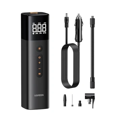 Abbildung von UGREEN Luftpumpe(0.2 10.3bar / 3 150psi) Elektrischer Kompressor Tragbar Fahrradpumpe Mini Reifenpumpe mit Digital LED Anzeige Licht für alle Fahrräder Motorräder und Autos