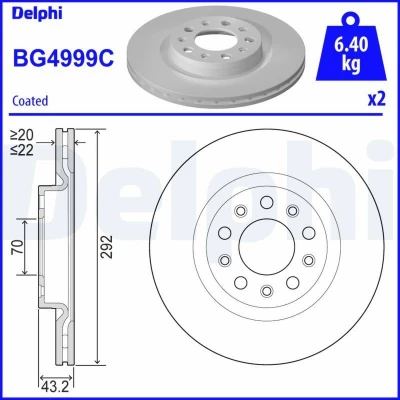Abbildung von DELPHI BG4999C Bremsscheibe 292 22 5 Belüftet, gelocht/innenbel. beschichtet unbehandelt ohne Radlager, ABS Sensorring ALFA ROMEO: Stelvio