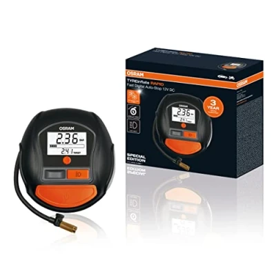 Abbildung von OSRAM TYREinflate RAPID, digitaler 12V Luftkompressor, tragbarer Kompressor, Auto Stopp, LED Licht, programmierbar, elektrische Luftpumpe für Reifen, Anschluss, Reifenbefüllung in 2 Min