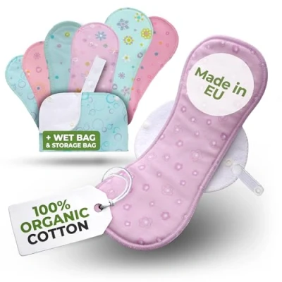 Abbildung von Waschbare Binden bio Baumwolle; 7 Pack + Tasche (alle Größen) Stoffbinden waschbar MADE IN EU; wiederverwendbare Binden; starke Blutung; Baumwollbinden Damenbinden Menstruation