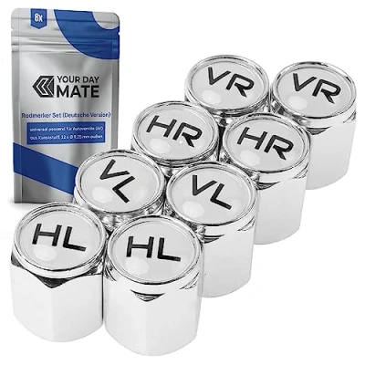 Abbildung von Ventilkappen aus Hartplastik, 8 Stück, in Silber, mit Beschriftung für Deutschland, Auto bzw. Schrader Ventile, Reifenmarkierer PKW, Radmerker Dichtung, Reifenwechsel Valve Caps
