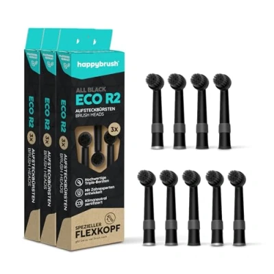 Abbildung von happybrush® Aufsteckbürsten für elektrische rotierende Zahnbürsten Kompatibel mit R2, sowie Modellen anderer Hersteller AllBlack 3x3 Stück