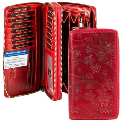Abbildung von MATADOR Madrid Geldbeutel Damen Leder mit edler Geschenk Box Geldbörse RFID Schutz Portemonnaie Gross Luxus Brieftasche einzigartiger Blumen Prägung Rot