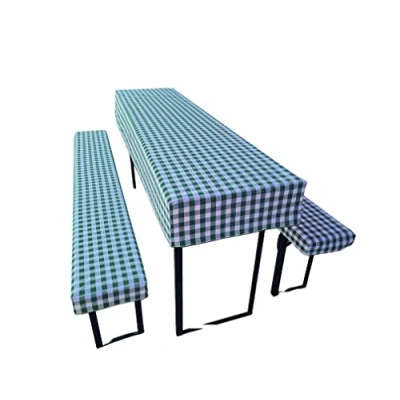Abbildung von Bierzeltgarnitur Auflage (3er Set) aus 1x Tischdecke und 2X Bierbankhussen. Größe Farben wählbar. (110 x 60 cm, Grün kariert)