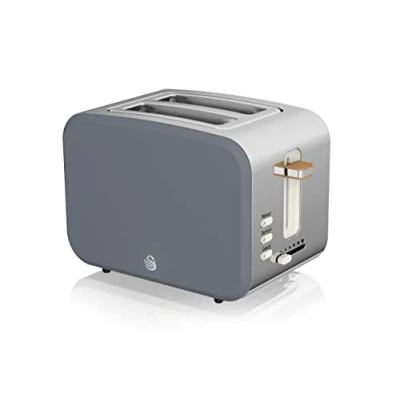 Abbildung von Swan Nordic Toaster Breitschlitz, 2 Scheiben, 3 Funktionen, 6 Bräunungsstufen, modernes Design, Edelstahl, Griff in Holzoptik, Schiefergrau