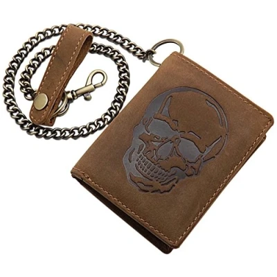 Abbildung von myledershop Echt Büffel Vollleder Hochformat Bikerbörse/Geldbörse/Geldbeutel/Portemonnaie mit Metallkette Totenkopf Motiv oder ohne RFID &amp; NFC Schutz (Totenkopf Motiv/Braun)