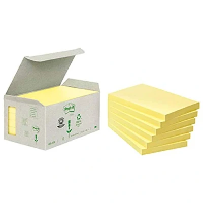Abbildung von Post it Recycling Notes Kanariengelb, Packung mit 6 Blöcken, 100 Blatt pro Block, 76 x 127mm, Farbe: Gelb Selbstklebende Notizzettel aus 100% Recyclingpapier
