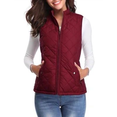 Abbildung von fuinloth Damen Weste, Herbst Leichte Steppweste Westen Ärmellos Jacke Kurz Vest Gilet Wein Rot L