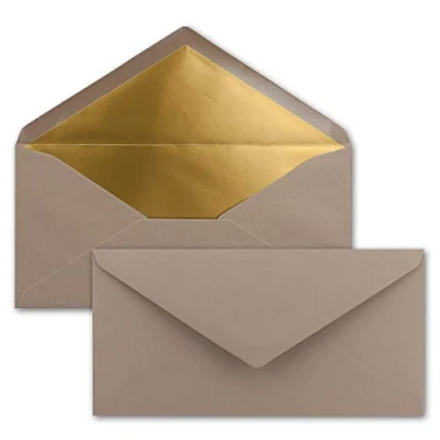 Abbildung von 50 Brief Umschläge DIN Lang Cappuccino mit Gold Metallic Innen Futter 110 x 220 mm Nassklebung festliche Kuverts für Einladungen