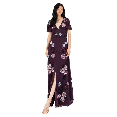 Abbildung von Women&#039;s Maxi Dress Ladies Embroidered Sequin Embellished Button Front Split for Wedding Guest Bridesmaid Prom Evening, Berry, 34