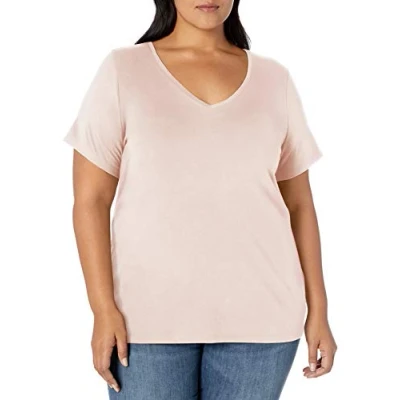 Abbildung von Amazon Essentials Damen Kurzärmeliges T Shirt mit V Ausschnitt (erhältlich in Übergröße), Hellrosa, 3XL Große Größen