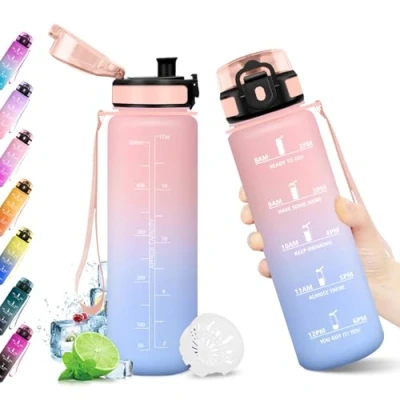 Abbildung von Sportflasche 500ml, Trinkflasche mit Zeitmarkierung und Filter, Kohlensäure Geeignet, Auslaufsicher, BPA frei, Motivierende Wasserflasche für Fitness, Schule, Fahrrad, Yoga, Camping,