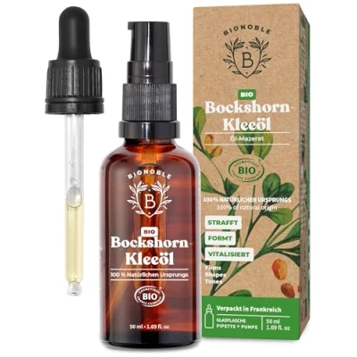 Abbildung von Bionoble Bockshornklee Öl Bio 50ml Mazerat aus Bockshornkleesamen + Sonnenblumenöl Körper, Brustbereich, Gesäß, Haare, Nägel Vegan Fenugreek Oil Glasflasche Pipette Pumpe