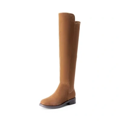 Abbildung von DREAM PAIRS Klassische Damen Overknee Stiefel mit spitzer Zehenpartie und niedrigem Blockabsatz,Size 41,Kamel Wildleder,SDOB2409W