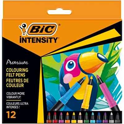 Abbildung von BIC Intensity Premium Filzstifte, zum Malen für Erwachsene und Kinder, in 12 Farben, mit komfortablem Kautschukgriff stabiler Spitze