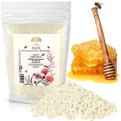 Abbildung von Eco Lux UK Premium Bienenwachs, weiße Pellets für die Kerzenherstellung, natürliche Bio Kosmetikqualität, Haut, Körper, Lippenbalsam, Seifenherstellung, ohne Zusatzstoffe, harmlos und rein (500 Gramm)