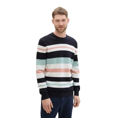 Abbildung von TOM TAILOR Herren 1043234 Strickpullover mit Streifen aus Baumwolle, 36222 Navy Rose Multi Color Stripe, Medium