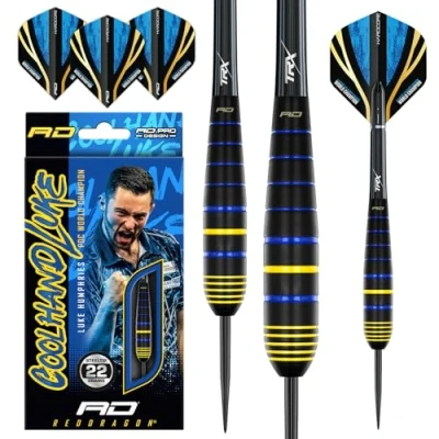 Abbildung von RED DRAGON Luke Humphries Weltmeister 22G Messing Steeldart Set mit Flights und Schäften (Stems)