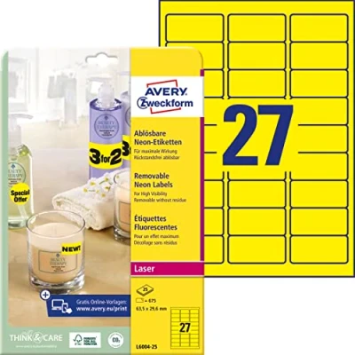 Abbildung von AVERY Zweckform L6004 25 leuchtend neongelbe Etiketten (675 Aufkleber, 63,5x29,6mm auf A4, selbstklebend, bedruckbar, wiederablösbar, farbige Klebeetiketten zum auffälligen Kennzeichnen) Blatt