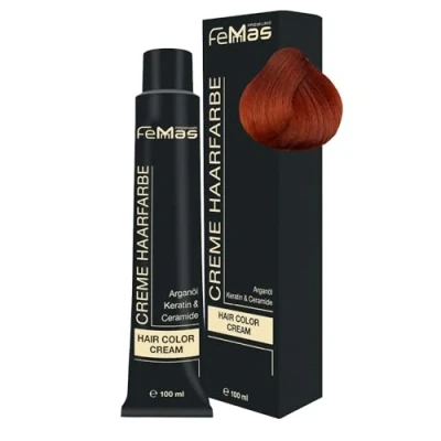 Abbildung von FemMas Haarfarbe Hellblond Kupfer Intensiv 8.44 I Professionelle Creme mit Arganöl, Keratin &amp; Ceramiden dauerthafte Haarfärbung oder Tönung für strahlende Farbergebnisse 100 ml