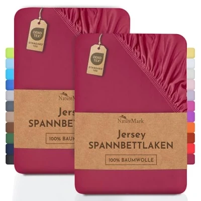 Abbildung von NatureMark 2er Pack Kinder Jersey Spannbettlaken, Spannbetttuch 100% Baumwolle in vielen Größen und Farben MARKENQUALITÄT ÖKOTEX Standard 100 70x140 cm Bordeaux rot