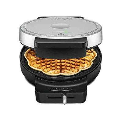 Abbildung von ROMMELSBACHER Waffel Automat WA 850, für 1 Herzwaffel, 17,5 cm Ø, Antihaftbeschichtung, Backampel, stufenlos regelbar, 850 Watt, schwarz/silber